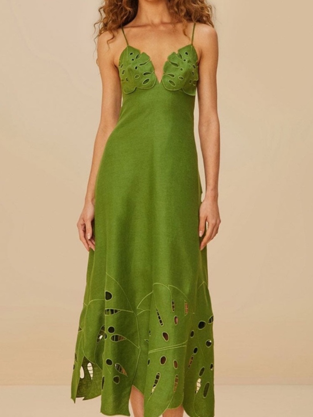 FARM Rio Green Spaghetti-Strap Midi Dress with Leaf Cutouts